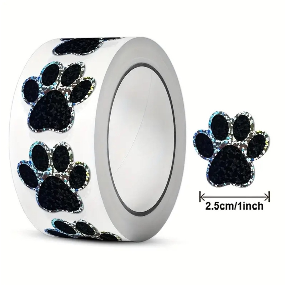 Roll of 500 Paw Print Black Silver Glitter Stickers - Picture 2 of 2